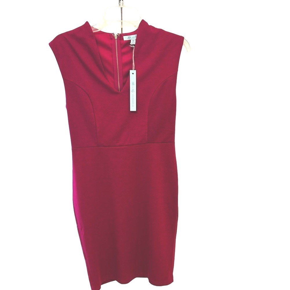 She+Sky Deep Pink V-Neck Dress SZ M Bodycon Sheath Dress NWT V Neck Party